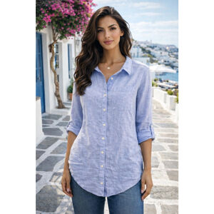 Signed Olsen 100% Linen Shirt Button Front Blue S Coastal Resort Quiet Luxury